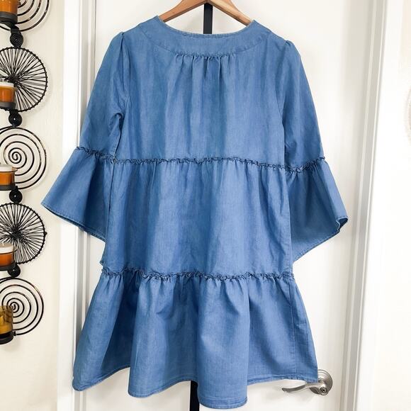 Robert Louis Boho Tiered Bell Sleeve Babydoll Knee Length Dress - Blue Size M - Picture 2 of 5